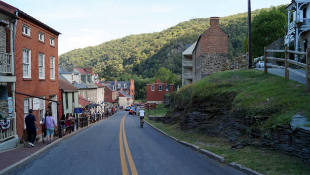 Old houses on a hill slope, Harpers Ferry, WV, USA stock photo