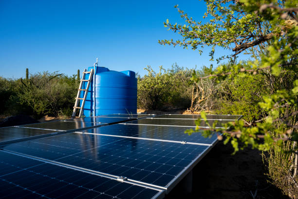 Solar energy panels and water cistern in arid climate, Baja