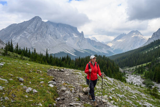 istock Woman hikes along mountain trail 2184198473