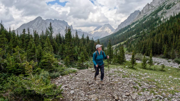 istock Woman hikes along mountain trail 2184198841