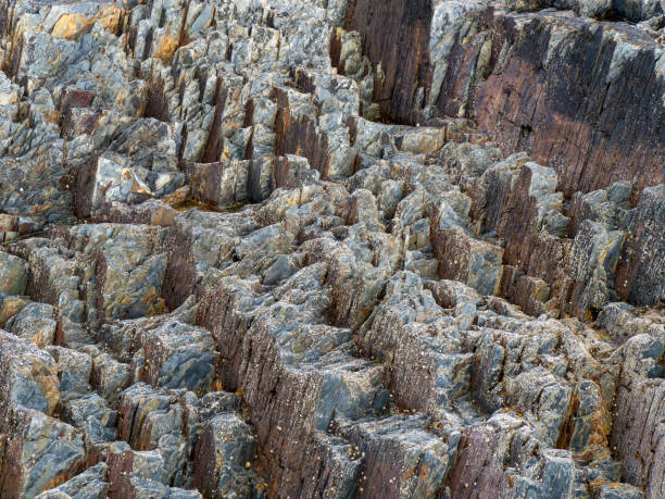 istock Stone close-up, background. Compressed rock layers formation in various colors and thicknesses, Nature and Geological science concept. The close-up relief of the rocks layers. 2184200442