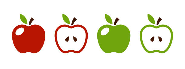 Red and green apple icon set whole and split on a half. Apple slice vector illustration. Ripe apple core with seeds symbol. Colorful healthy food sign. Piece of apple pictogram or glyph. Red and green apple icon set whole and split on a half. Apple slice vector illustration. Ripe apple core with seeds symbol. Colorful healthy food sign. Piece of apple pictogram or glyph isolated. apple stock illustrations