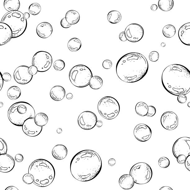 istock Blue water bubbles of different sizes and tones in a chaotic order. Graphic linear drawing, hand drawn in black and white monochrome. nautical. Seamless pattern 2184203487