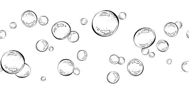 istock Blue water bubbles of different sizes and tones in a chaotic order. Graphic linear drawing, hand drawn in black and white monochrome. nautical. Seamless border pattern 2184203610