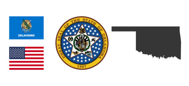 Oklahoma state of USA. Great Seal of Oklahoma. American flag. Oklahoma flag and territory. Separate state. Vector illustration Oklahoma state of USA. Great Seal of Oklahoma. American flag. Oklahoma flag and territory. Separate state. Vector illustration oklahoma state flag stock illustrations