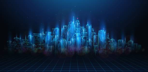 Abstract illustration of low poly future city building. Blue geometric tech background depicting digital smart futuristic cityscape, innovation skyline concept by wireframe connection structure