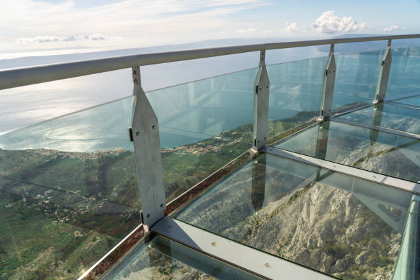 Empty the newly built glass skywalk on Biokovo mountain. View down on Makarska Riviera and Adriatic sea on sunny day. Croatia.