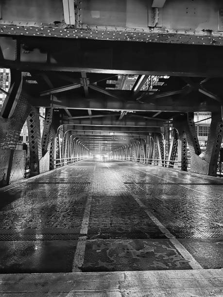 istock Bridge in Chicago on a rainy day. Black and white 2184221077