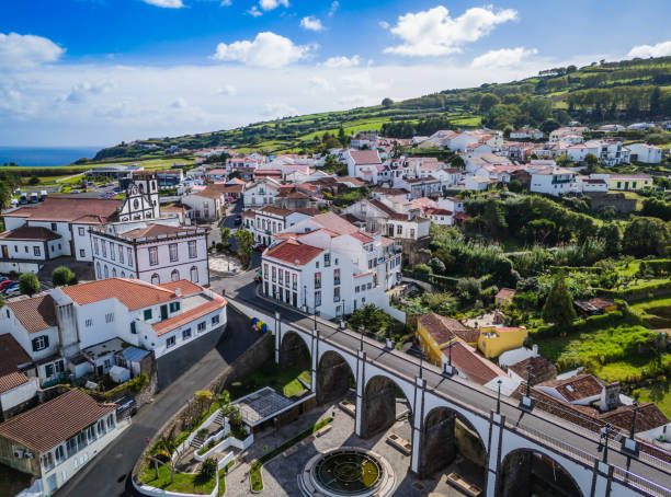 istock Nordeste town with Ponte dos Sete Arcos old stone arch bridge. Aerial drone view 2184222607