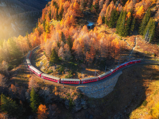 Aerial view of red train traveling through swiss alps mountain pass in fall. Scenic railway winds through a colorful autumn forest at sunset, captured from above by a drone. Top view. Bernina Express vista aérea del tren rojo viajando a través del paso de montaña de los alpes suizos en otoño. el ferrocarril escénico serpentea a través de un colorido bosque otoñal al atardecer, capturado desde arriba por un dron. vista superior. bernina express