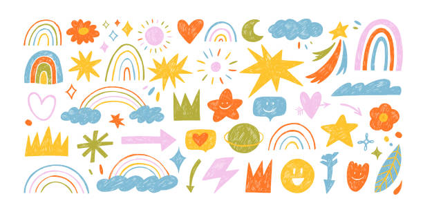 Naive playful abstract doodle shapes sticker pack in childish style. Colored crayon drawn funky figures and doodles for kid collages. Clouds with rainbow, sun, hearts, crowns, arrows and stars.