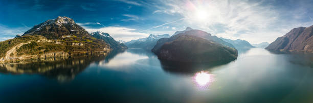 Panoramic drone aerial view of Brunnen and  Ingenbohl, Switzerland