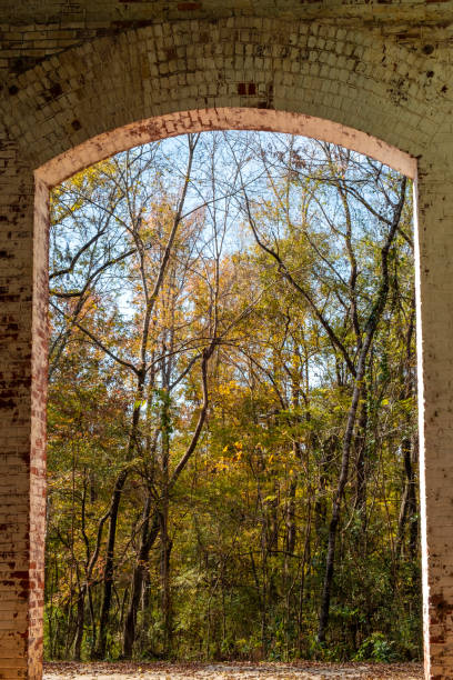 istock Fall forest seen through arched brick window frame of abandoned factory 2184236731