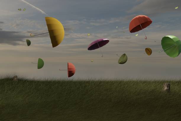 3d render of multiple colored umbrellas blowing in the wind