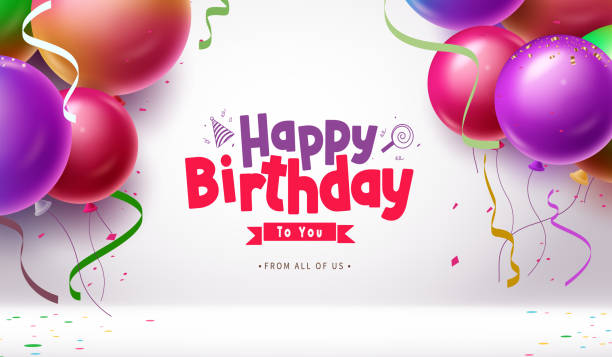 illustrations, cliparts, dessins animés et icônes de joyeux anniversaire salutation texte vectoriel modèle conception. texte de voeux d’anniversaire avec des ballons colorés flottants et des éléments de confettis décoration de fête - anniversaire