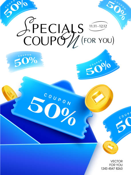 ilustrații de stoc cu cupoane zburătoare 3d dintr-un plic cu monede de aur, izolate pe fundal alb. șablon de banner de cupon zburător cu vouchere cadou, cod de cupon. vector de voucher 3d - cupon