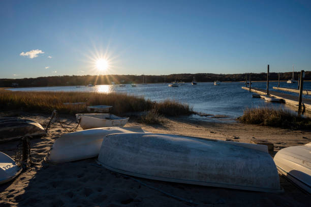 Rowboats on the beach at Mt Sinai Harbor,  Cedar Beach County Park, Suffolk County,  Long Island,  NY.