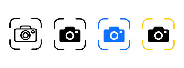 stockillustraties, clipart, cartoons en iconen met camera focus icon. focusing frame with photo camera vector illustration. sharpened capture symbol. photo scan sign. target image pictogram. picture shooting concept. web interface button. - onderdeel van fotos