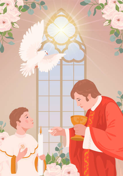 istock A boy in a suit during the first communion. Vector A priest holds bread, a manifestation of the holy spirit in the form of a white radiant dove. Church member receiving the Eucharist 2184248733