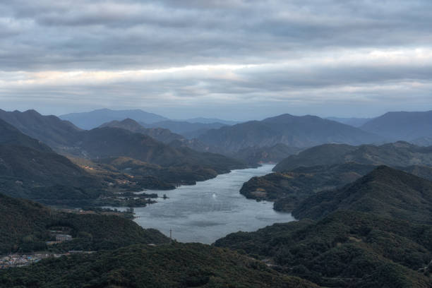 Cheongpyeong ho cable car lake view. Taken atop of Bibongsan mountain top during sunset hours. Famous tourst attraction in Jecheon, South Korea