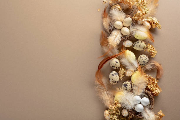 istock Easter composition with quail eggs, feathers, and dried flowers. 2184253005