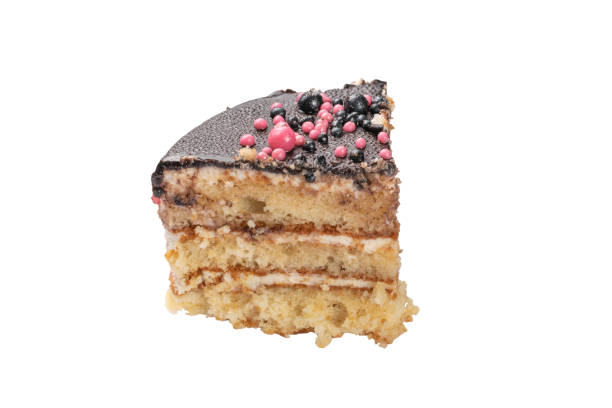 Chocolate Layer Cake Slice with Pink and Black Decorative Sprinkles on Neutral Background