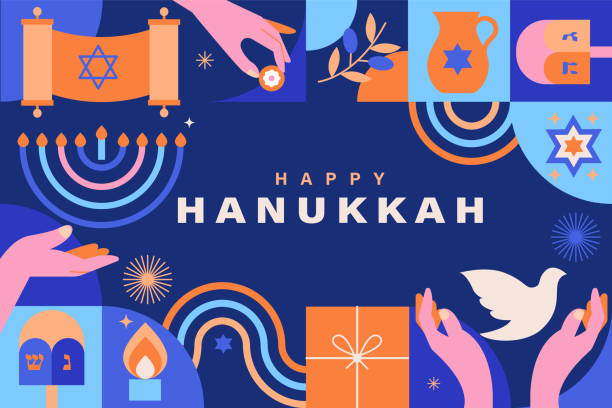 Happy Hanukkah greeting card or banner. Happy Hanukkah greeting card with symbols of Jewish holiday. Template for banner, flyer with Torah, menorah candles, dreidels, donuts, oil jar, star David and place for your text. Vector illustration. hannukkah stock illustrations