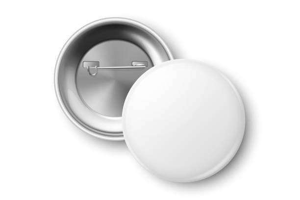 istock Vector 3D Realistic White Round Pin Badge Mockup Closeup Isolated. Blank Button Badge Design Template for Events. ID Badge, Front, Back Side View. Pin Badge for Events and Branding 2184267368