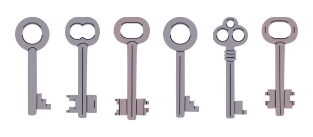 istock Door keys. Apartment, house or mailbox key, vintage retro keys, hand drawn keys flat vector illustration set. Cartoon keys icons 2184268245