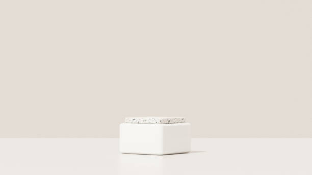 istock Background featuring an empty product display mockup with a beige backdrop and abstract geometric platforms designed for showcasing merchandise in landscape orientation. 2184269819