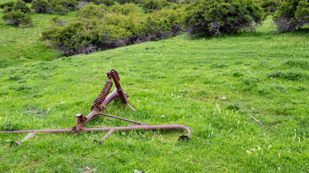 Old farm rusty equipment plow lying in grass old abandoned photo