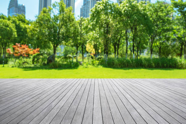 istock Empty boardwalk with green city park abstract background 2184272710