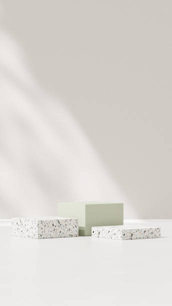 istock Background featuring an empty product display mockup with a beige backdrop and abstract geometric platforms designed for showcasing merchandise in portrait orientation. 2184274330