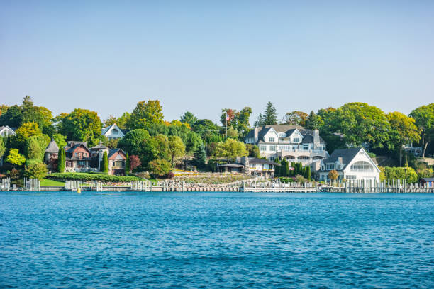 Houses on the Lake Charlevoix waterfront in Charlevoix, Michigan, USA.