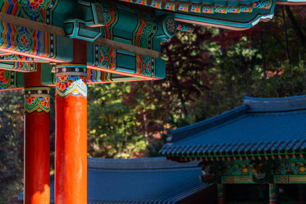 istock wooden columns and eaves in the Buddhist temple building 2184276617