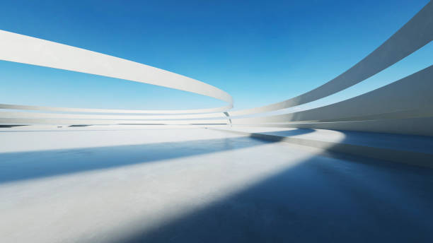 istock 3d render of white futuristic architecture, abstract wavy structure with empty concrete floor 2184281049