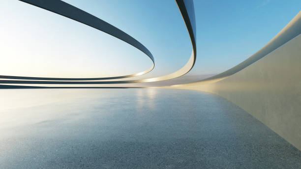 istock 3d render of white futuristic architecture, abstract wavy structure with empty concrete floor 2184281051