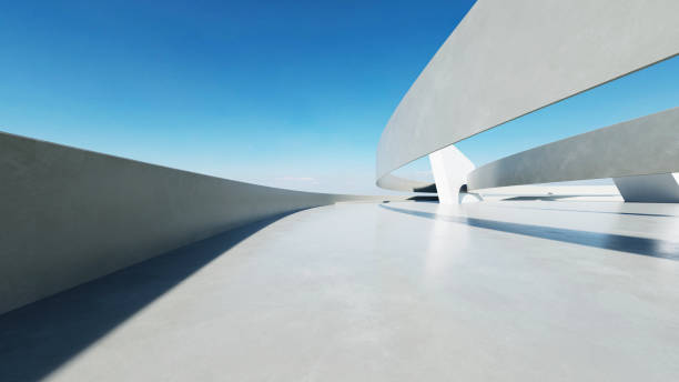 istock 3d render of white futuristic architecture, abstract wavy structure with empty concrete floor 2184281052