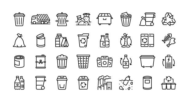 Waste management line icon set. Group of object, waste, garbage, recycling, garbage dump, garbage truck, waste collection, wheelie bin, recycling bin.