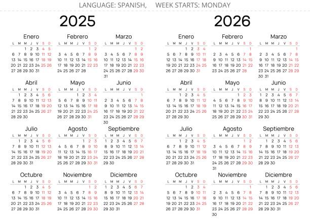 vertikale spanische jahreskalender 2025 und 2026. einfache vektorillustration für spanien - español calendario - spanische kultur stock-grafiken, -clipart, -cartoons und -symbole