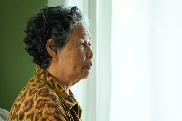 istock Elderly woman sits on a sofa inside a house. 2184286517