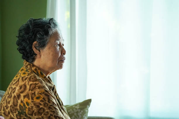 istock Elderly woman sits on a sofa inside a house. 2184286528