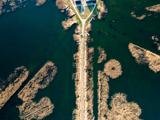 istock Aerial View of Pathway Through Water with Reeds and Structure 2184287870