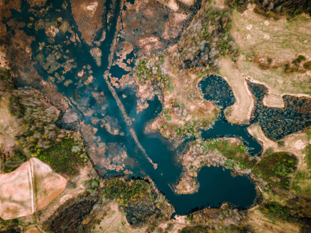 istock Aerial View of Meandering River Through Wetlands and Fields 2184287873
