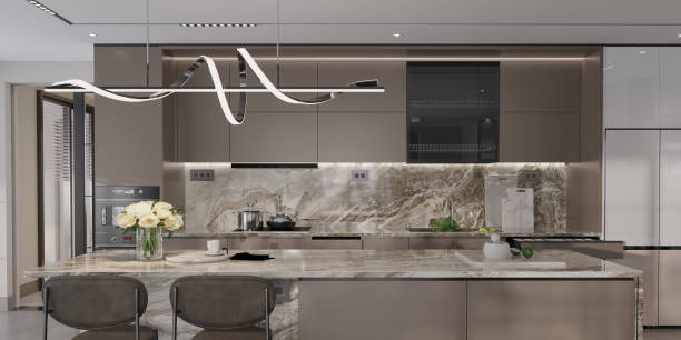istock Modern luxury kitchen design with marble countertops and elegant lighting 2184288268