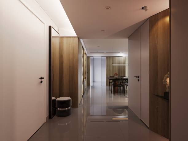 istock Modern interior corridor with wood paneling and glossy flooring design 2184288302
