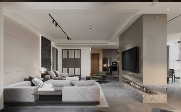 istock Modern luxury living room interior with cozy fireplace and sleek design 2184288406