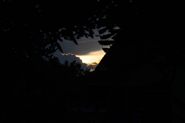 Focus view of a sunset in low exposure and high aperture surrounded with dark background at a home place with good angle