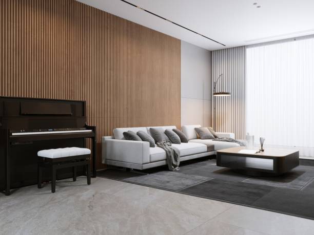 istock Modern minimalist living room interior with piano and neutral decor 2184289175