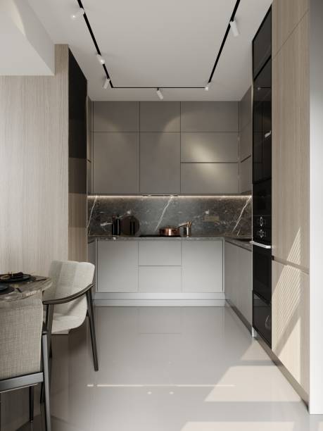 istock Modern minimalist kitchen design with sleek gray cabinets and marble accents 2184289837